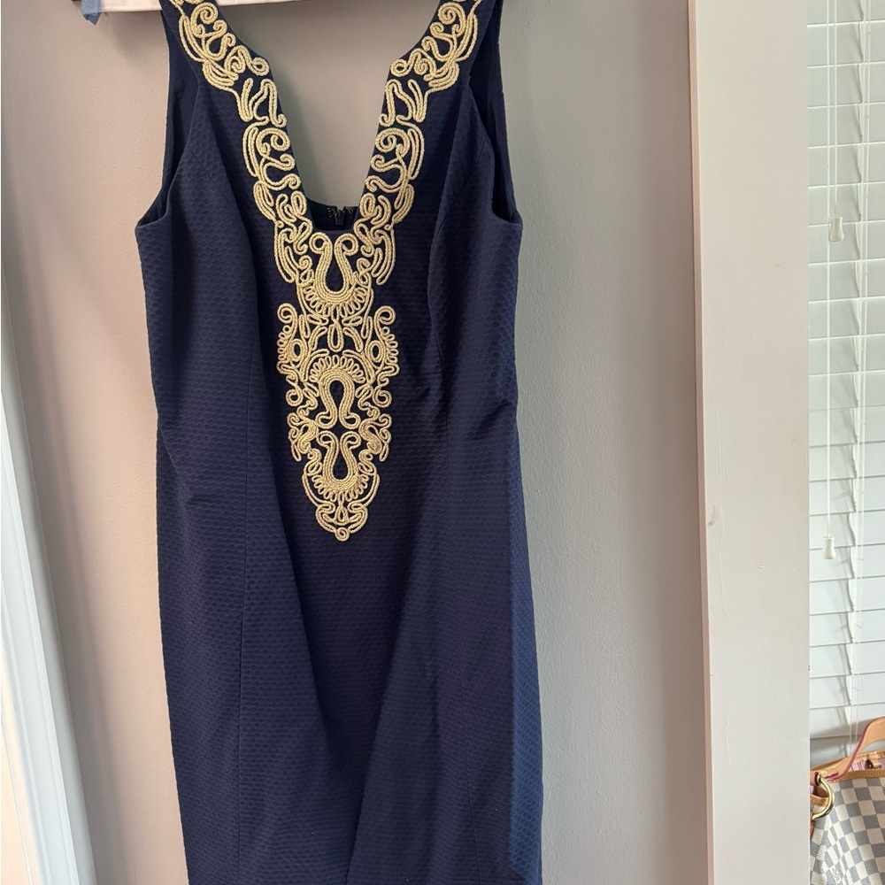 EUC, Lilly Pulitzer Navy and Gold Embroidered Dress, Size 10